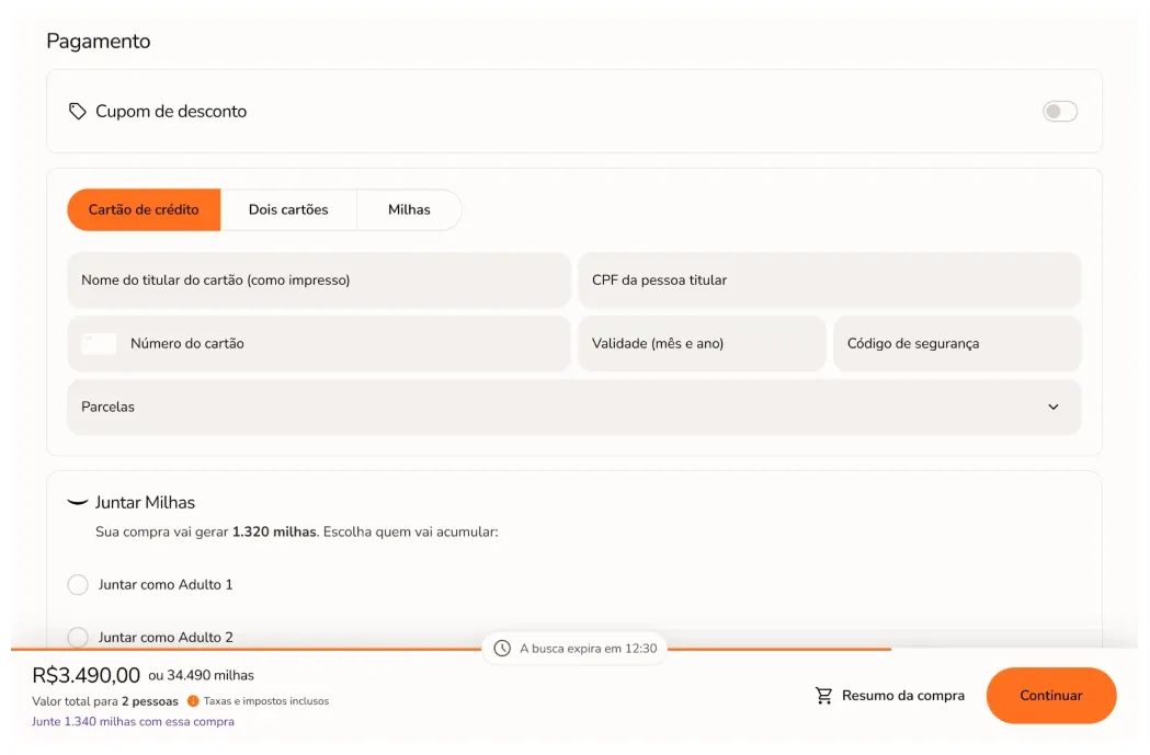 Payment details with coupon, card options and miles