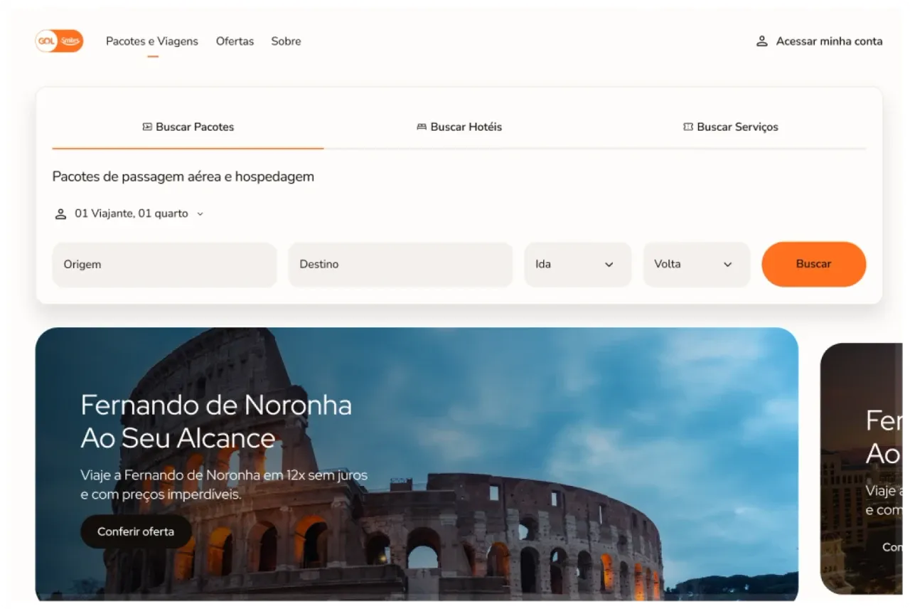Smiles Viagens homepage with the package search
